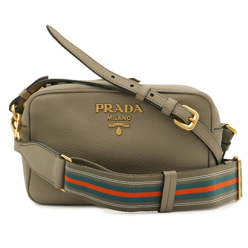PRADA Vitello Daino Shoulder Bag, Pouch, Clutch Striped Leather, ARGILLA, Gre...